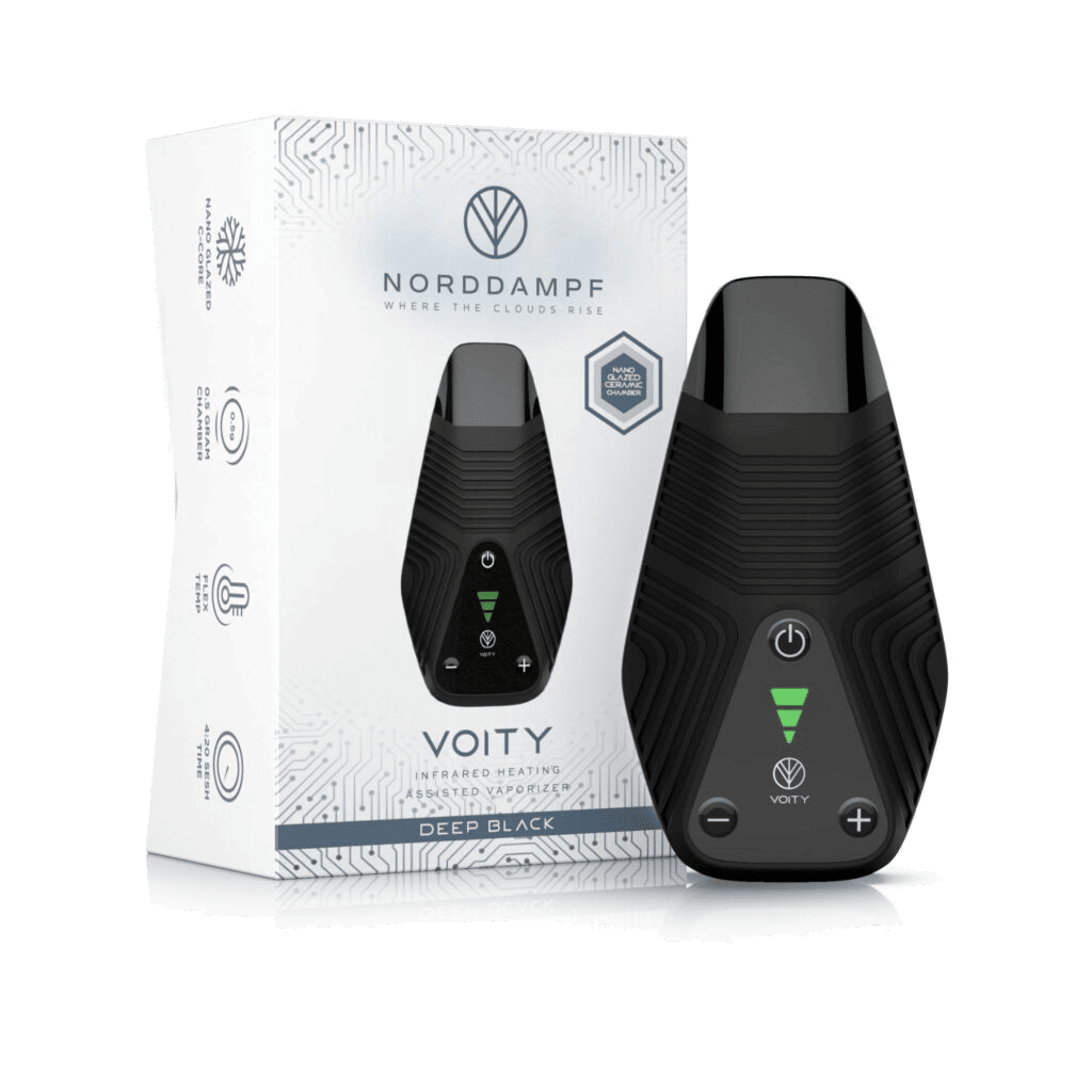 Voity Vaporizer in tiefem Schwarz - Entdecke die stilvolle Art, Blüten und Kräuter zu genießen, mit modernem Hybrid-Heizsystem.