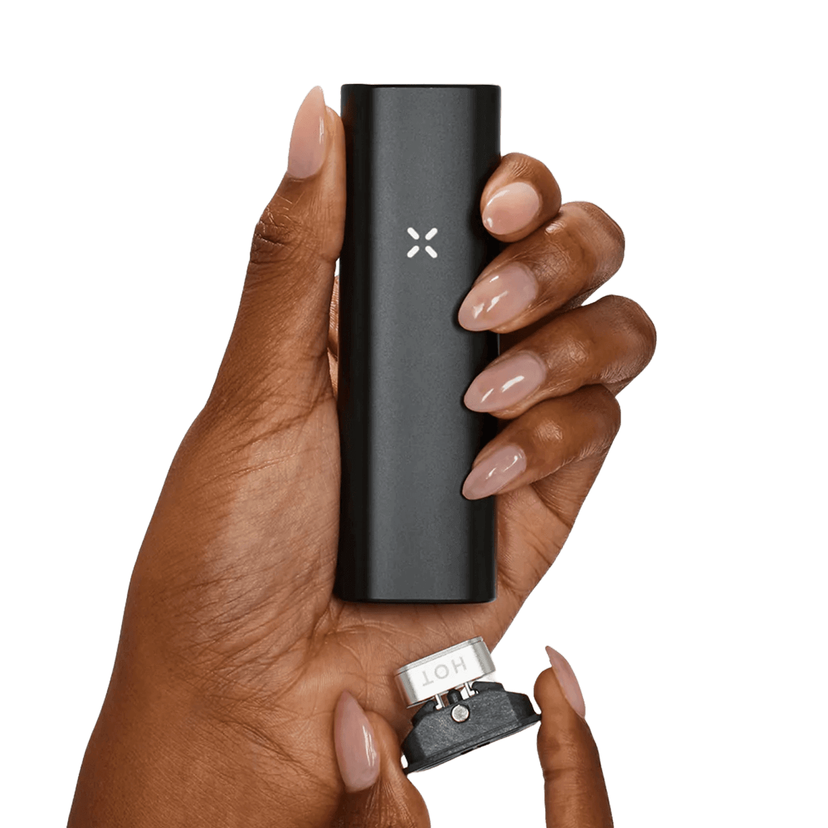 Alt Tag: Eleganter PAX Plus Vaporizer in Onyx Schwarz in Deiner Hand für stilvollen Genuss und unvergleichliche Performance.