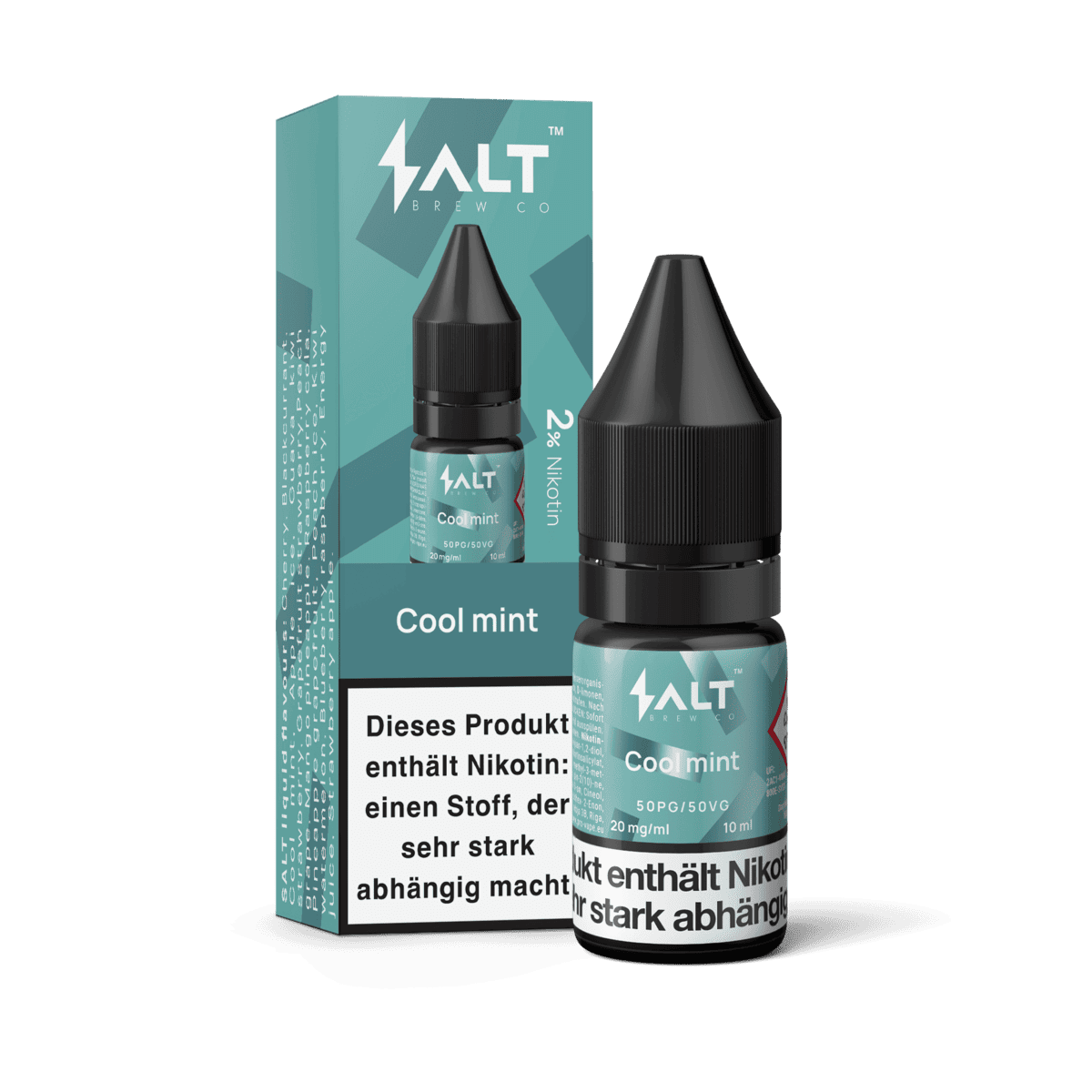 Salt Liquid "Cool Mint" Flasche neben der Produktverpackung, ideal für ein erfrischendes Dampferlebnis mit Pfefferminzgeschmack.
