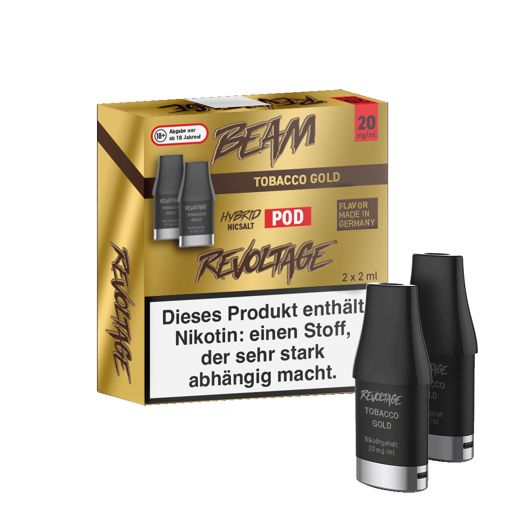 Entdecke den Revoltage Beam Pod 2er Set in Tobacco Gold, dein Begleiter für ein klassisch nussiges Dampferlebnis.