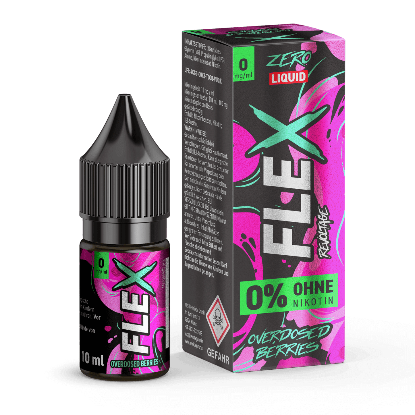 "Revoltage Flex Overdosed Berries Liquid in cooler Verpackung, fruchtige Geschmacksexplosion ohne Nikotin entdecken."