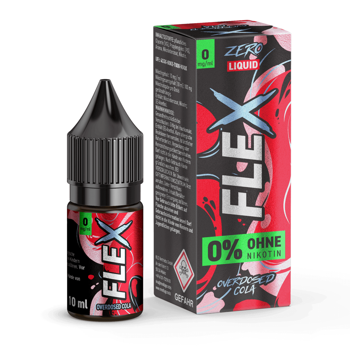 Revoltage Flex Overdosed Liquid - Cola Flasche und Verpackung mit 0% Nikotin, erlebe das klassische Cola-Aroma ohne Kohlensäure.