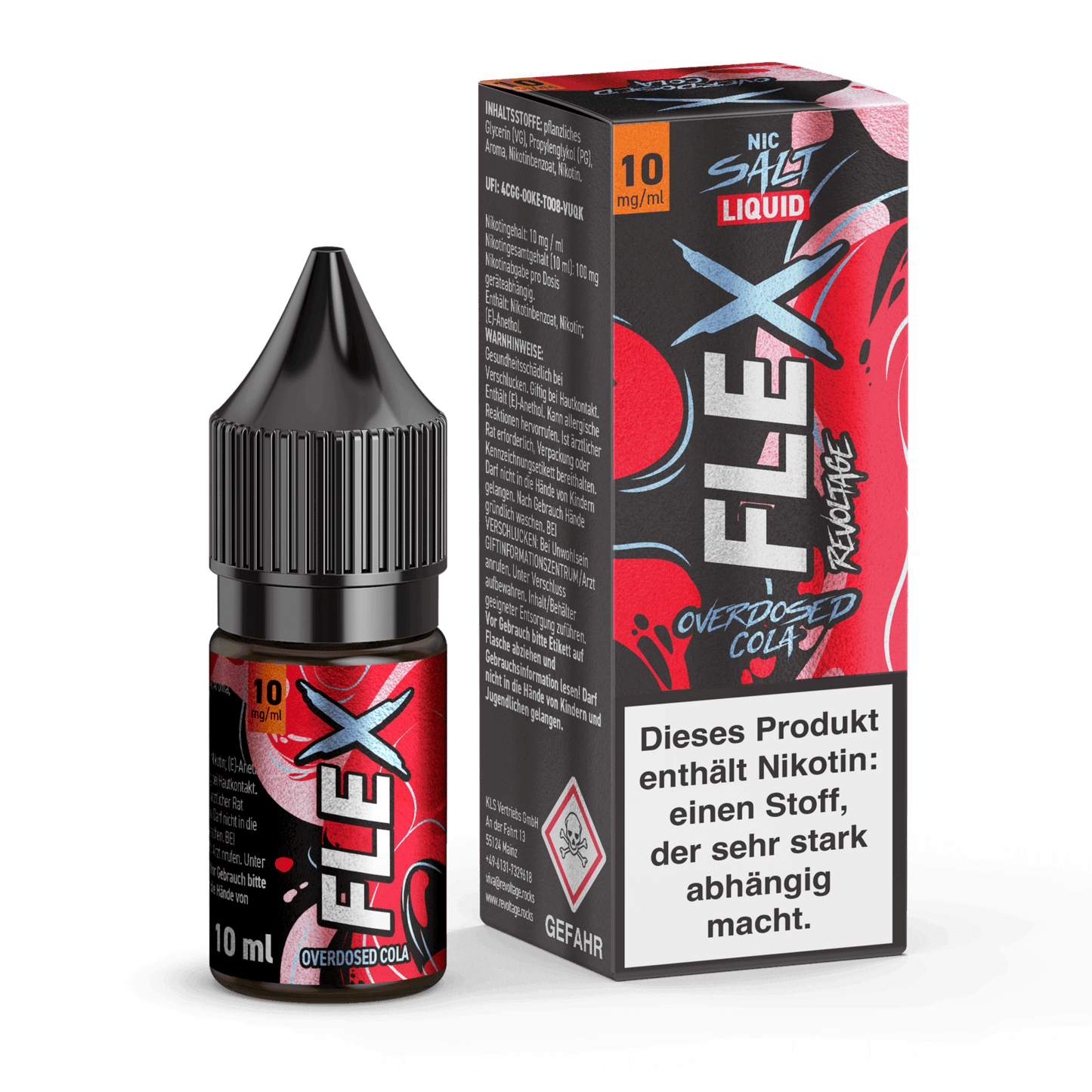 Revoltage Flex Overdosed Cola Liquid in 10 ml Flasche und Verpackung mit stilvollem Design, erlebe den intensiven Cola-Geschmack.