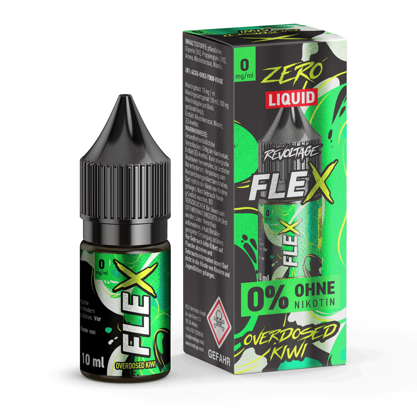 "Erlebe das exotische Kiwi-Vergnügen mit Revoltage Flex Overdosed Liquid – perfekt für dein sommerliches Abenteuer!"