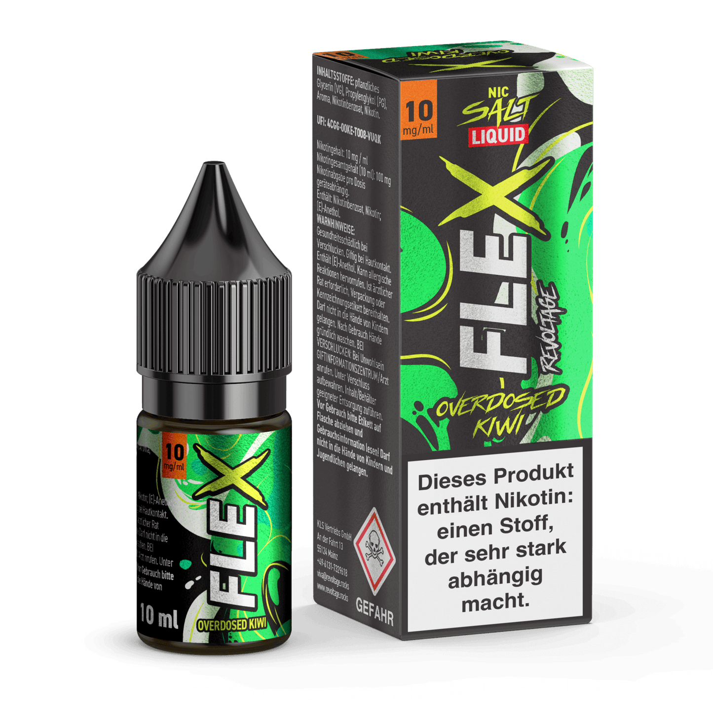 "Flex Overdosed Liquid Kiwi: Das exotische Liquid mit erfrischendem Kiwi-Geschmack in stylischer 10ml Flasche für deinen Genuss"