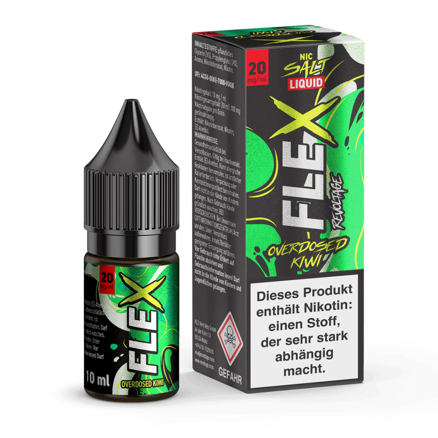 "Flex Overdosed Kiwi Liquid mit 20mg Nikotin – Erlebe den exotisch-erfrischenden Geschmack der wilden Kiwi. Perfekt für Abenteurer!"
