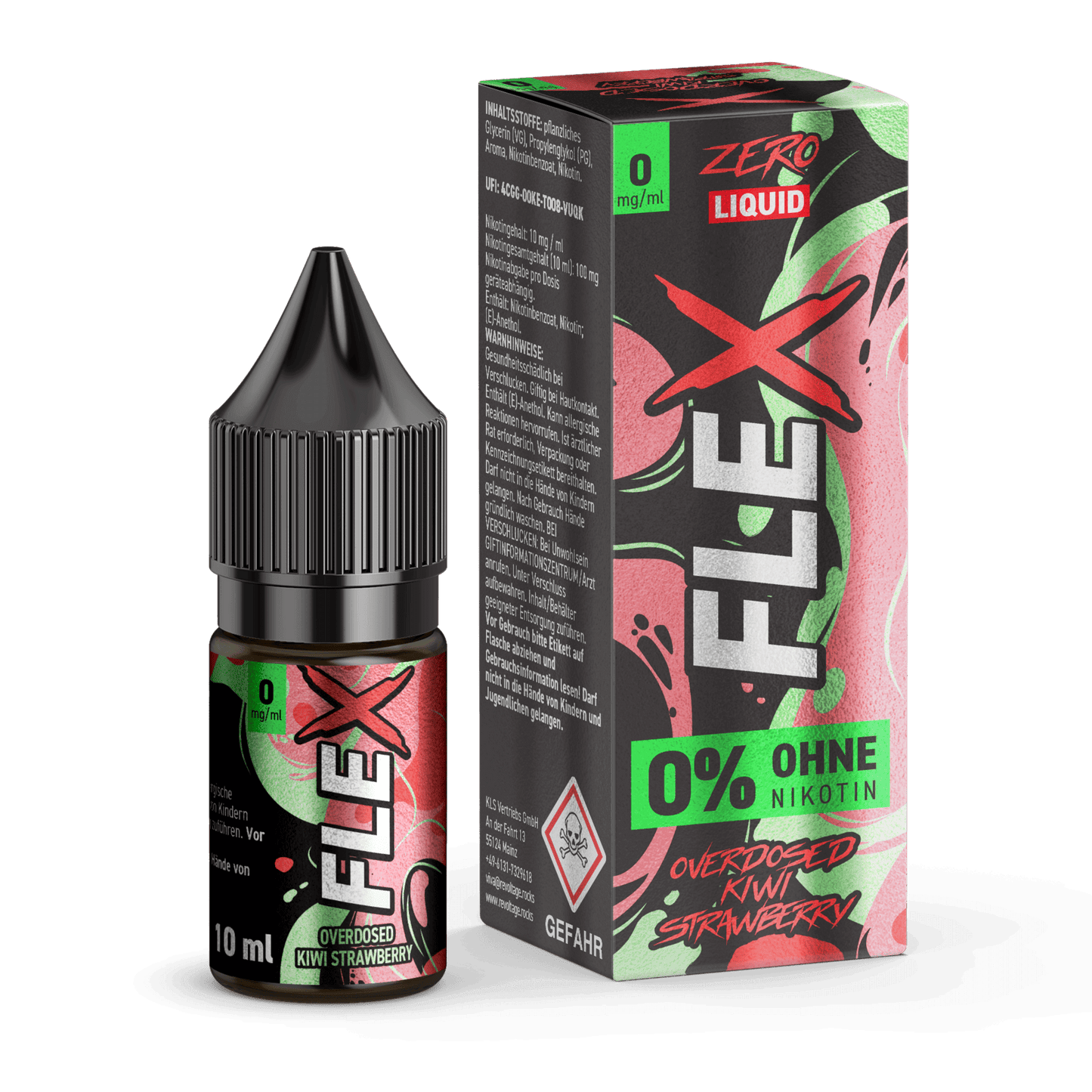 Flex Overdosed Liquid mit Kiwi-Erdbeer-Geschmack, 0% Nikotin, für den ultimativen Fruchtgenuss ohne Reue.