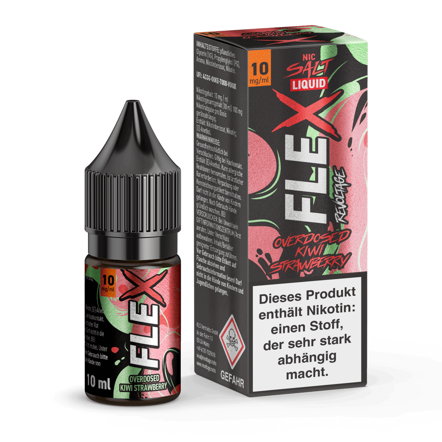 Flex Overdosed Liquid Kiwi Strawberry 10ml Flasche mit Verpackung, fruchtiger Mix für intensive Geschmackserlebnisse.
