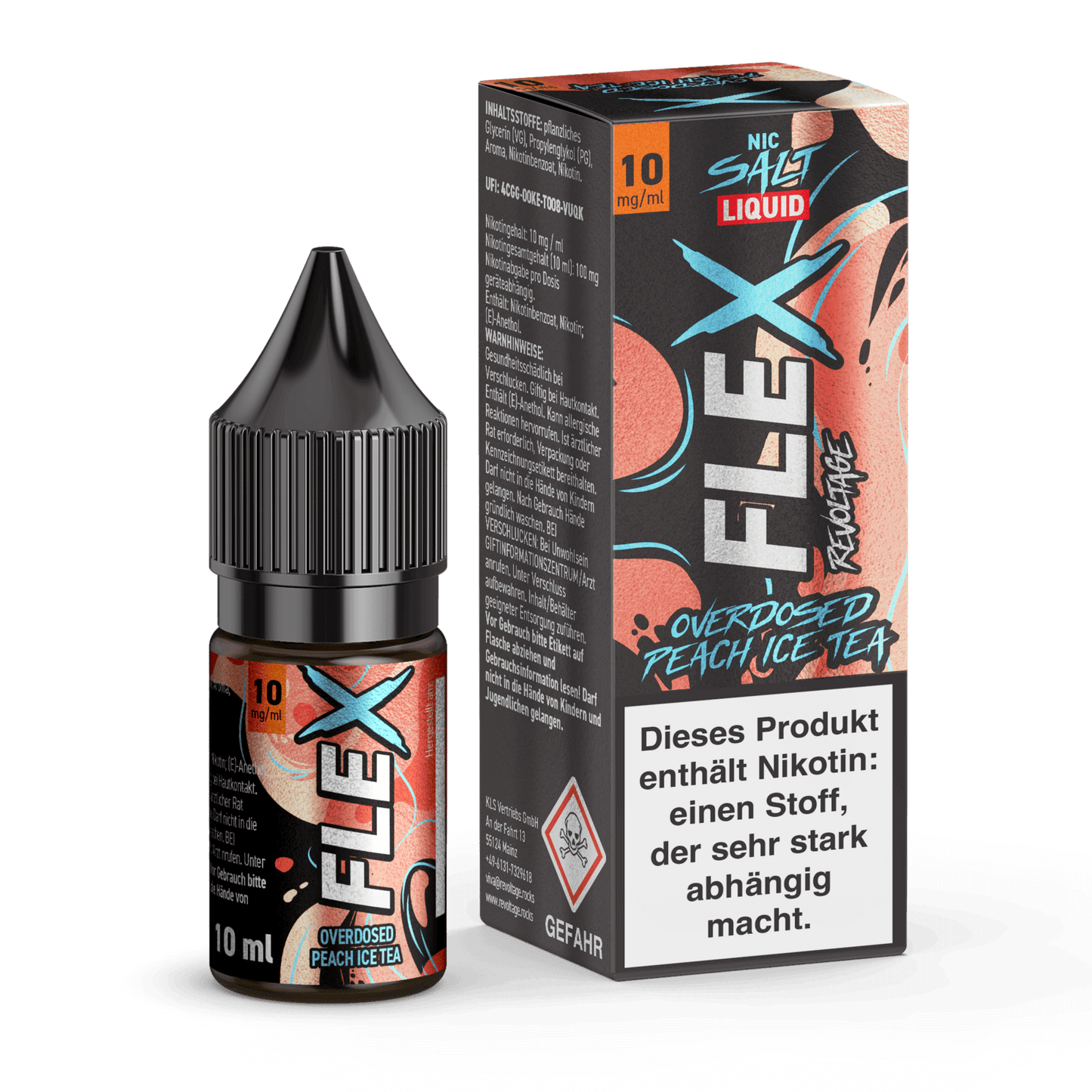 Flex Overdosed Liquid Pfirsich Eistee 10ml Flasche und Verpackung. Fruchtiger Sommergeschmack für deine Dampfe.