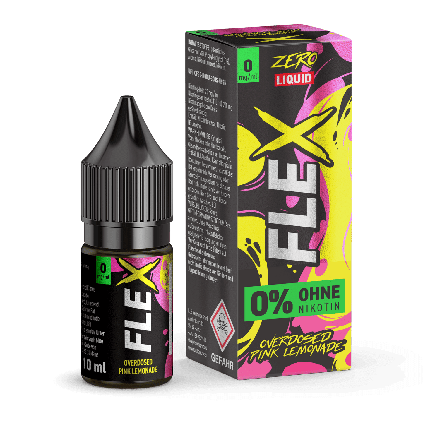 Flex Overdosed Liquid Pinke Limonade Verpackung – Nikotinfrei, prickelnd süßer Vape-Genuss mit Zitronen- und Beerenaromen.