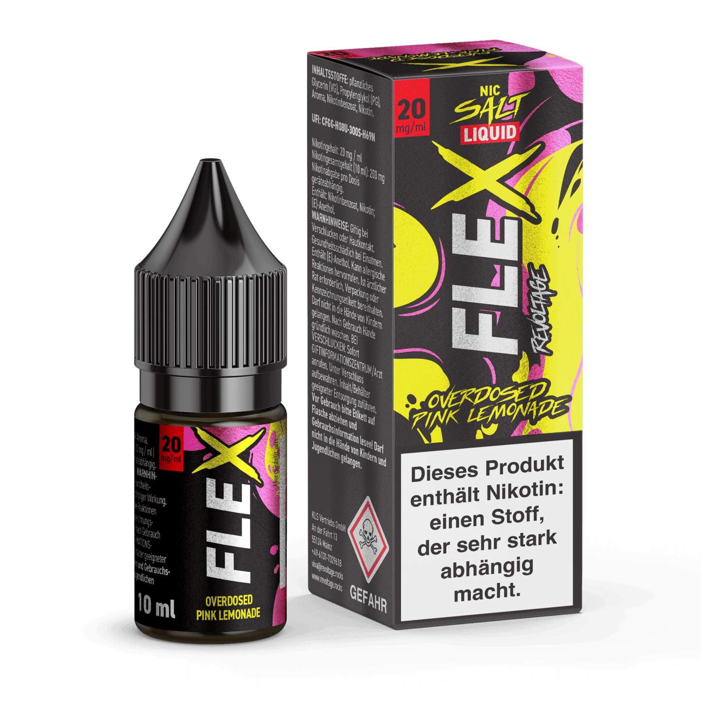 Flex Overdosed Liquid Pink Lemonade Flasche und Verpackung auf weißem Hintergrund.