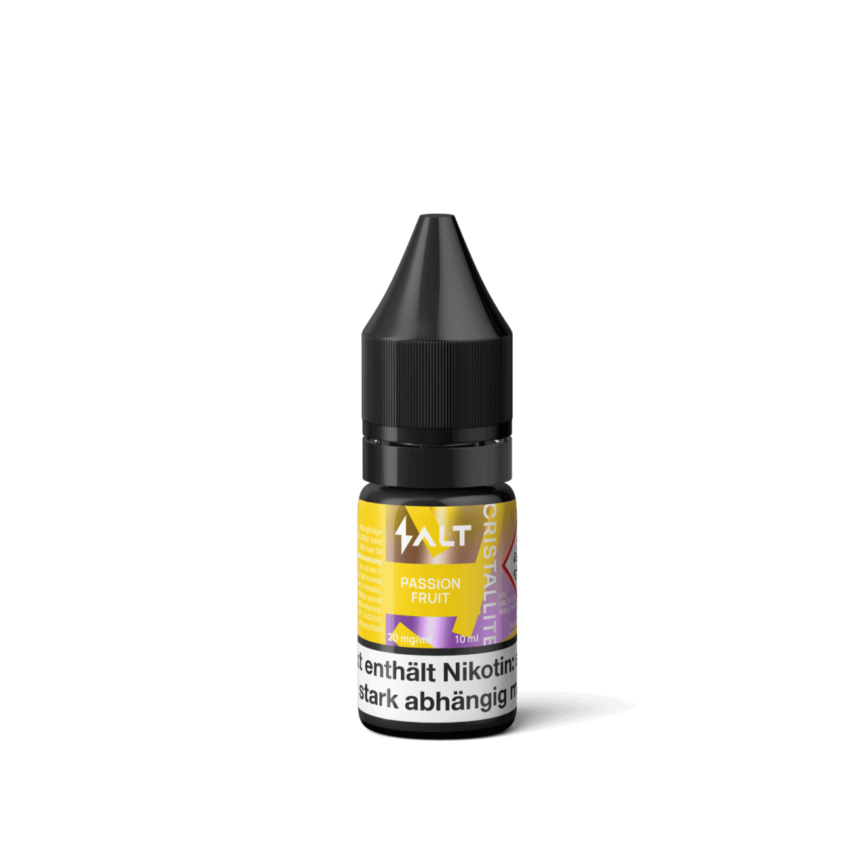 Flasche Cristallite Liquid Passion Fruit für E-Zigaretten, exotisch süßer Maracuja-Geschmack mit Nikotinsalz, 10ml.