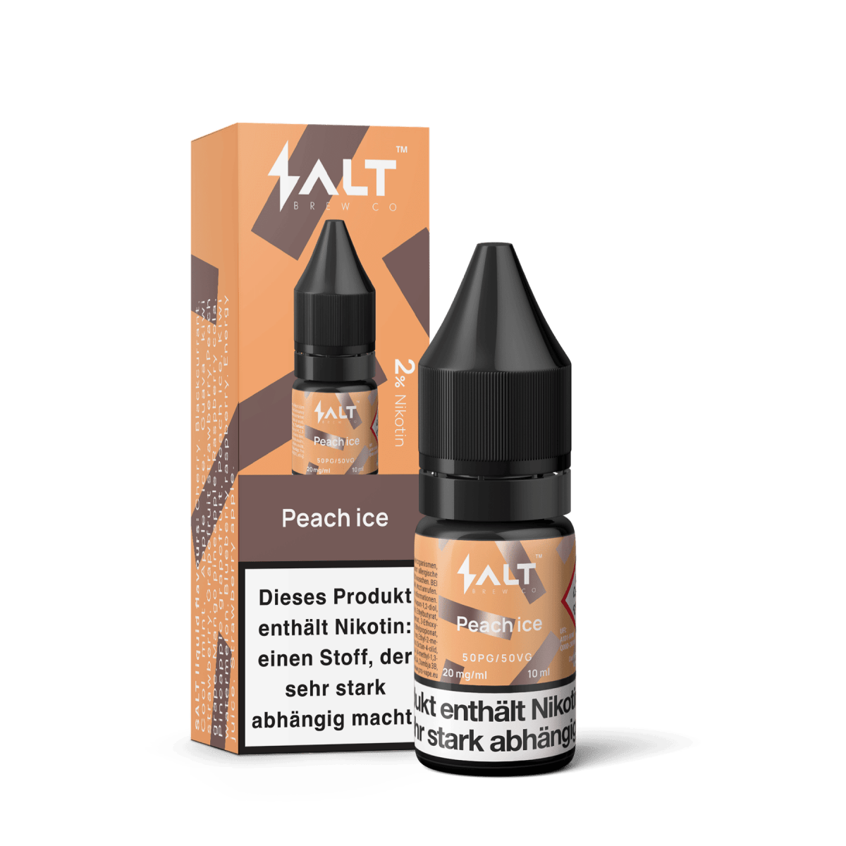 Flasche und Box von Pro Vape Salt Liquid mit Pfirsich-Menthol-Geschmack. Fruchtig und erfrischend - ideal zum Dampfen!