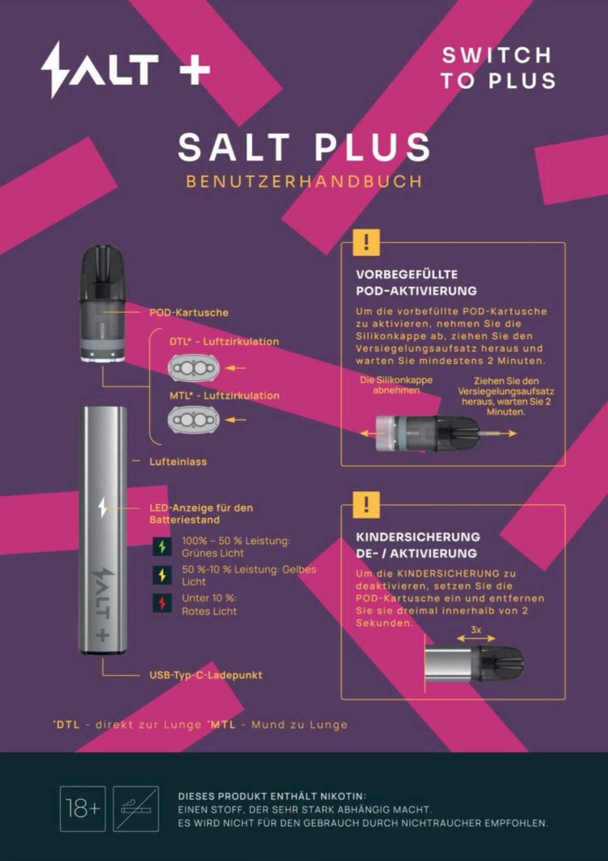 SALT Plus Benutzerhandbuch mit Gerät und Erklärungen zur Pod-Aktivierung und Kindersicherung. Ideal für erwachsene Nutzer.
