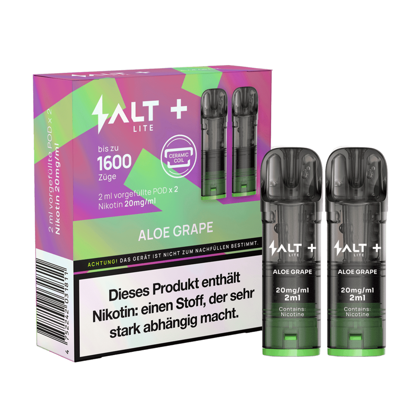 Salt+ Lite Pods in Aloe Grape Geschmack – frisch und süß, 2er Set, Genuss mit bis zu 1600 Zügen.