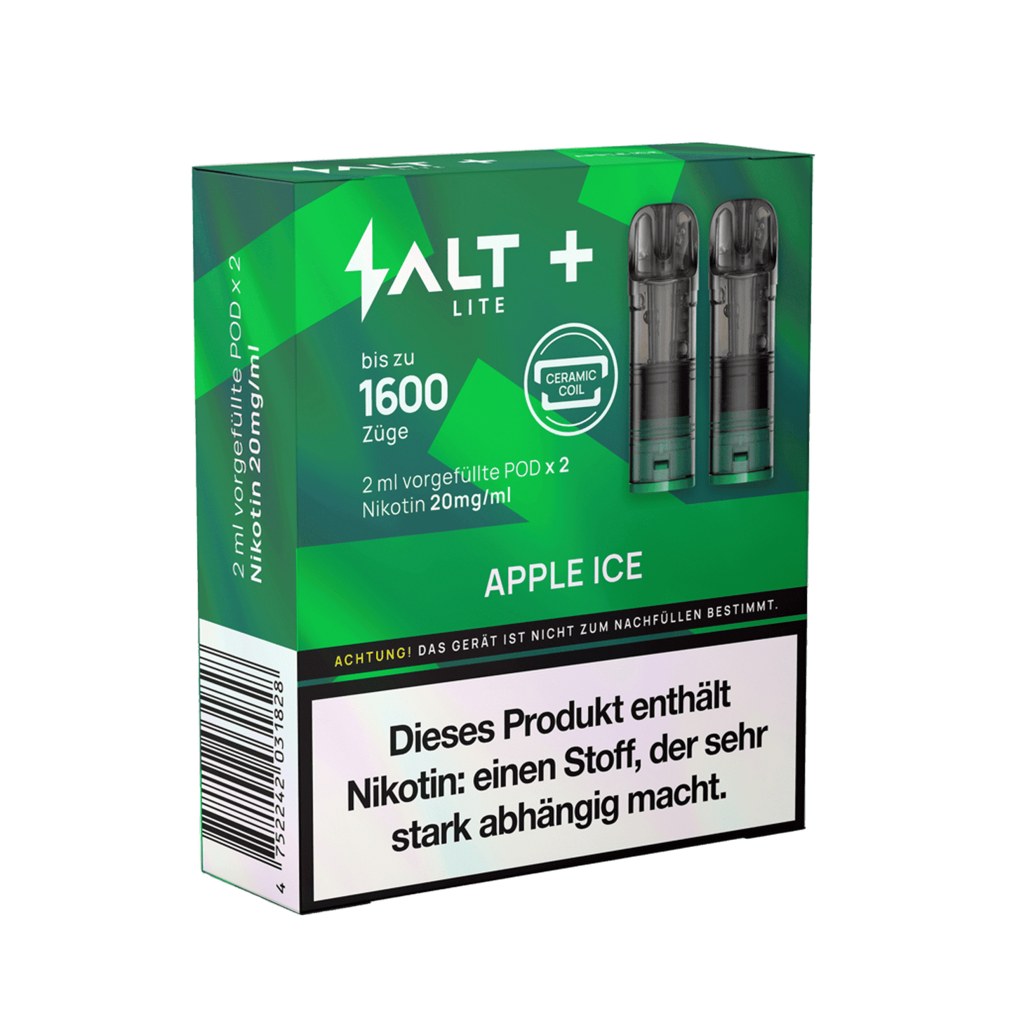 Verpackung der Salt+ Lite Pods Apple Ice mit Apfel-Menthol-Geschmack, bis zu 1600 Züge, 2er Set, 20mg Nikotin.