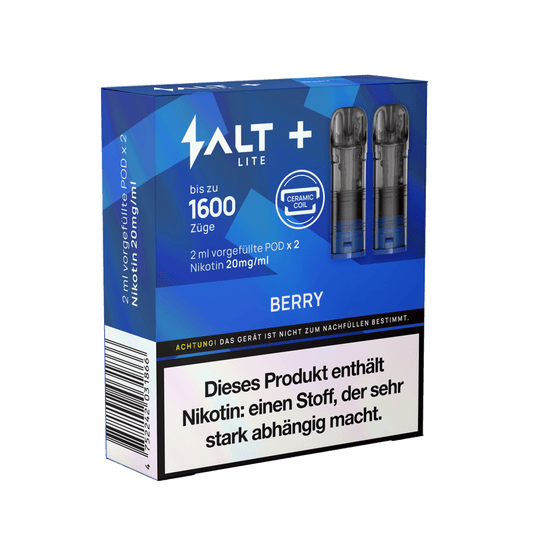 Packung Salt+ Lite Pod Berry Flavor, 2er Set, für 1600 Züge, 20mg Nikotin, aromatischer Beerenmix. Perfekte Abwechslung für deinen Pod.