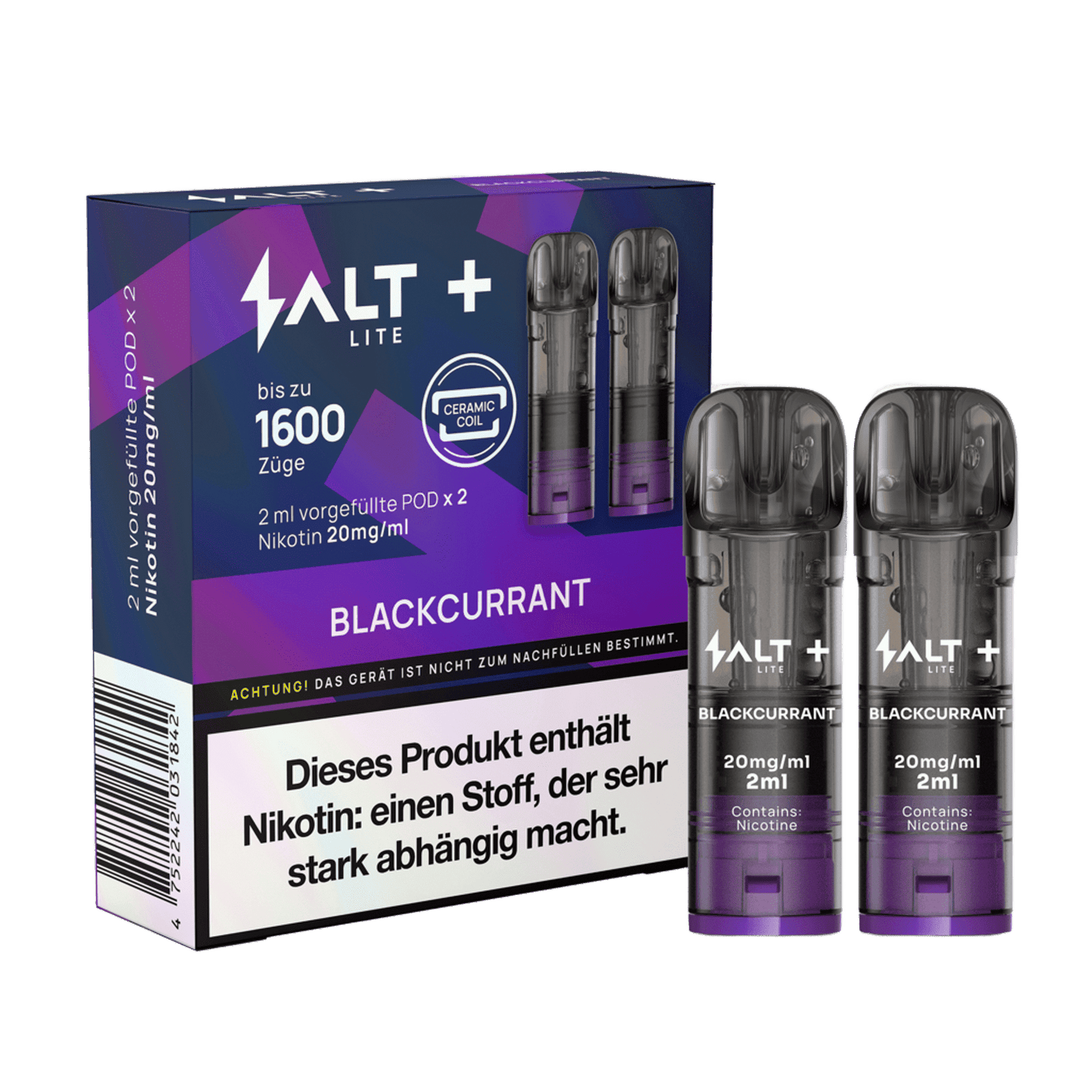 Salt+ Lite Pod 2er Set Schwarze Johannisbeere, intensiver Duft für sommerliches Aroma-Feeling, 1600 Züge, 20mg Nikotin, Dampfgenuss.