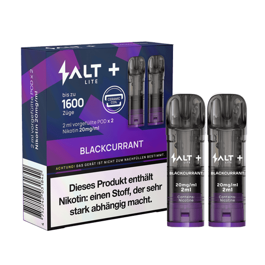 Erlebe die fruchtige Power von Salt+ Lite Pods Blackcurrant – 1600 Züge purer Sommergenuss in stilvollem 2er Set.