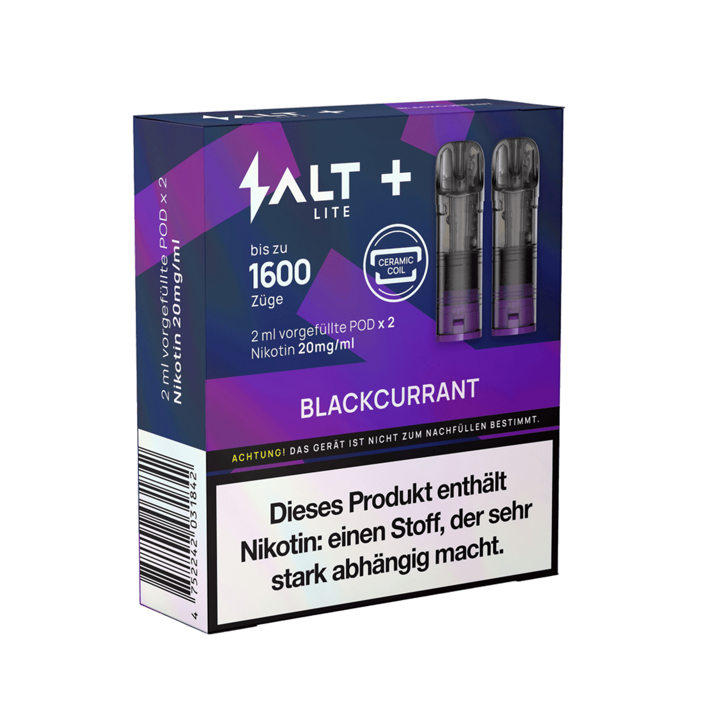 Erlebe die fruchtige Power von Salt+ Lite Pods Blackcurrant – 1600 Züge purer Sommergenuss in stilvollem 2er Set.