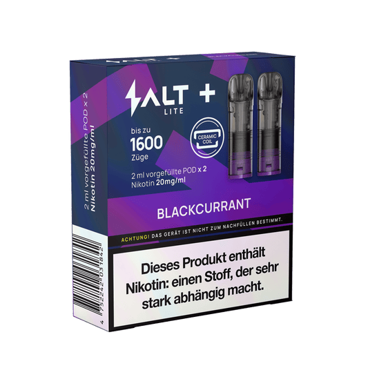 Erlebe die fruchtige Power von Salt+ Lite Pods Blackcurrant – 1600 Züge purer Sommergenuss in stilvollem 2er Set.