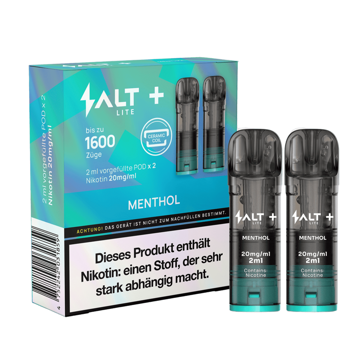 Salt+ Lite Pod 2er Set in Mentholgeschmack, knackig-frisch, für erfrischende Dampferlebnisse bis zu 1600 Züge.