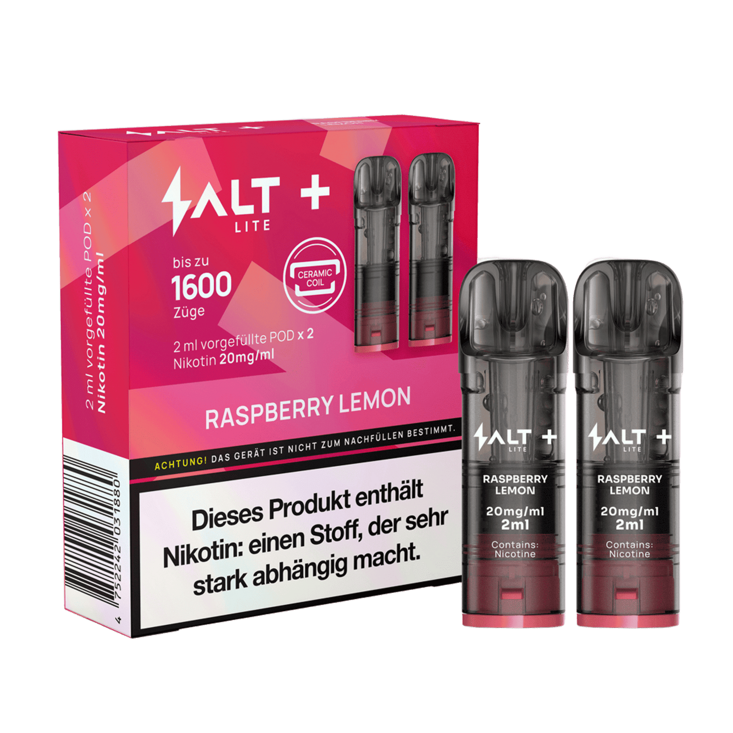 Probier die Salt+ Lite Pods in Himbeere Zitrone und erlebe den süß-säuerlichen Kick, ideal zum Erfrischen! 2er Set, 1600 Züge.