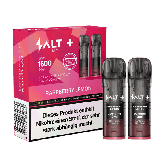 Raspberry Lemon Salt+ Lite Pod (2er Set) mit 1600 Zügen, Nikotin 20mg/ml, verlockender Himbeer-Zitronen-Geschmack für dein Sommererlebnis.