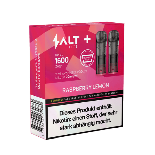 Raspberry Lemon Salt+ Lite Pod (2er Set) mit 1600 Zügen, Nikotin 20mg/ml, verlockender Himbeer-Zitronen-Geschmack für dein Sommererlebnis.