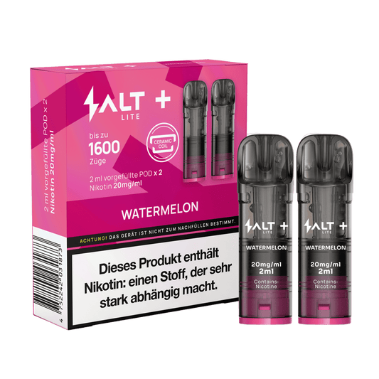 Salt+ Lite Pod Set mit Wassermelonen-Geschmack, 2 Pods für 1600 Züge. Erlebe den frischen, natürlichen Geschmack bei jedem Zug.