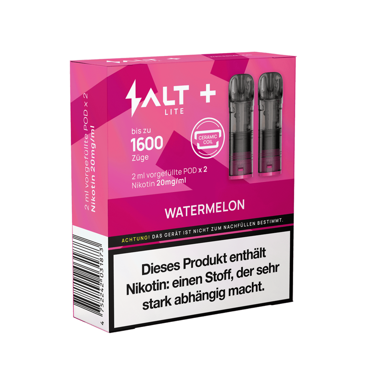 Salt+ Lite Pod Set mit Wassermelonen-Geschmack, 2 Pods für 1600 Züge. Erlebe den frischen, natürlichen Geschmack bei jedem Zug.