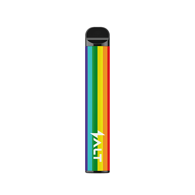 Bunte Salt Switch Einweg E-Zigarette mit Pfirsich Menthol Geschmack, inspiriert von LGBTQIA+ Stolz, Regenbogen Design.