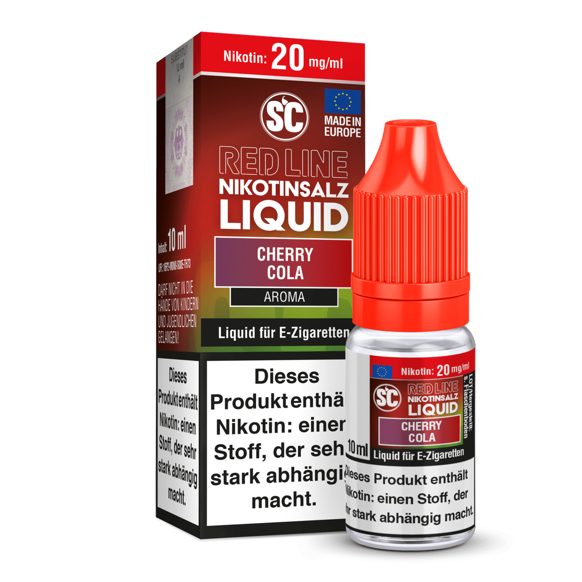 Flasche SC Liquids Red Line - Cherry Cola Liquid mit nikotinhaltigem Aroma für E-Zigaretten, erfrischend und süß.