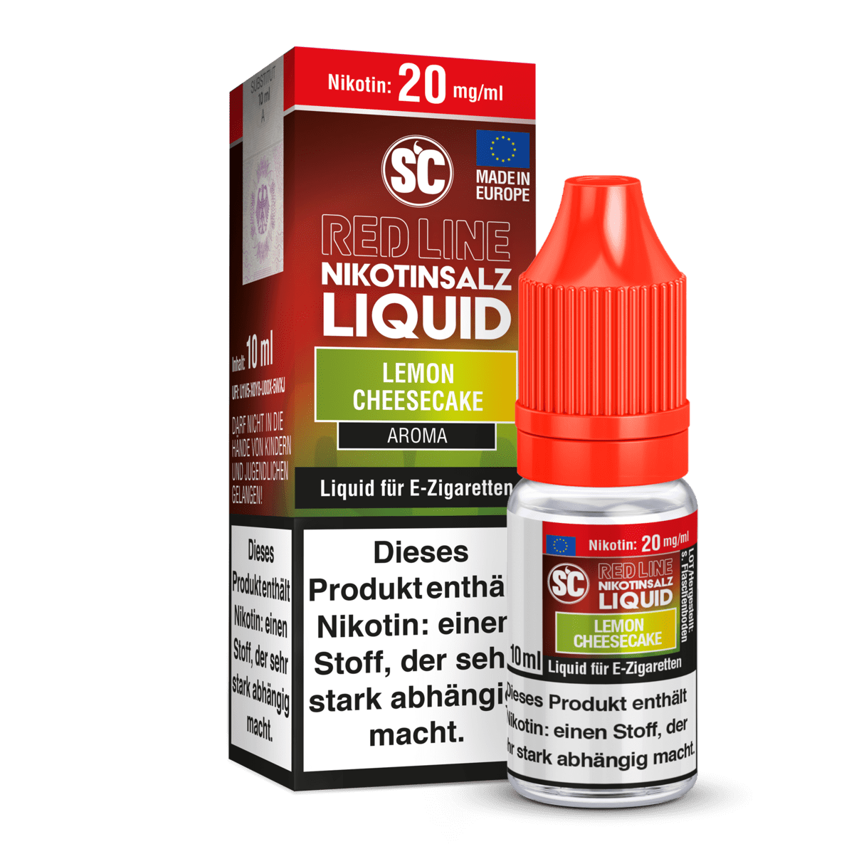 Alt Tag: SC Liquids Red Line Lemon Cheesecake E-Liquid Verpackung mit Nikotinsalz, zitroniger Dessert-Genuss für E-Zigaretten.