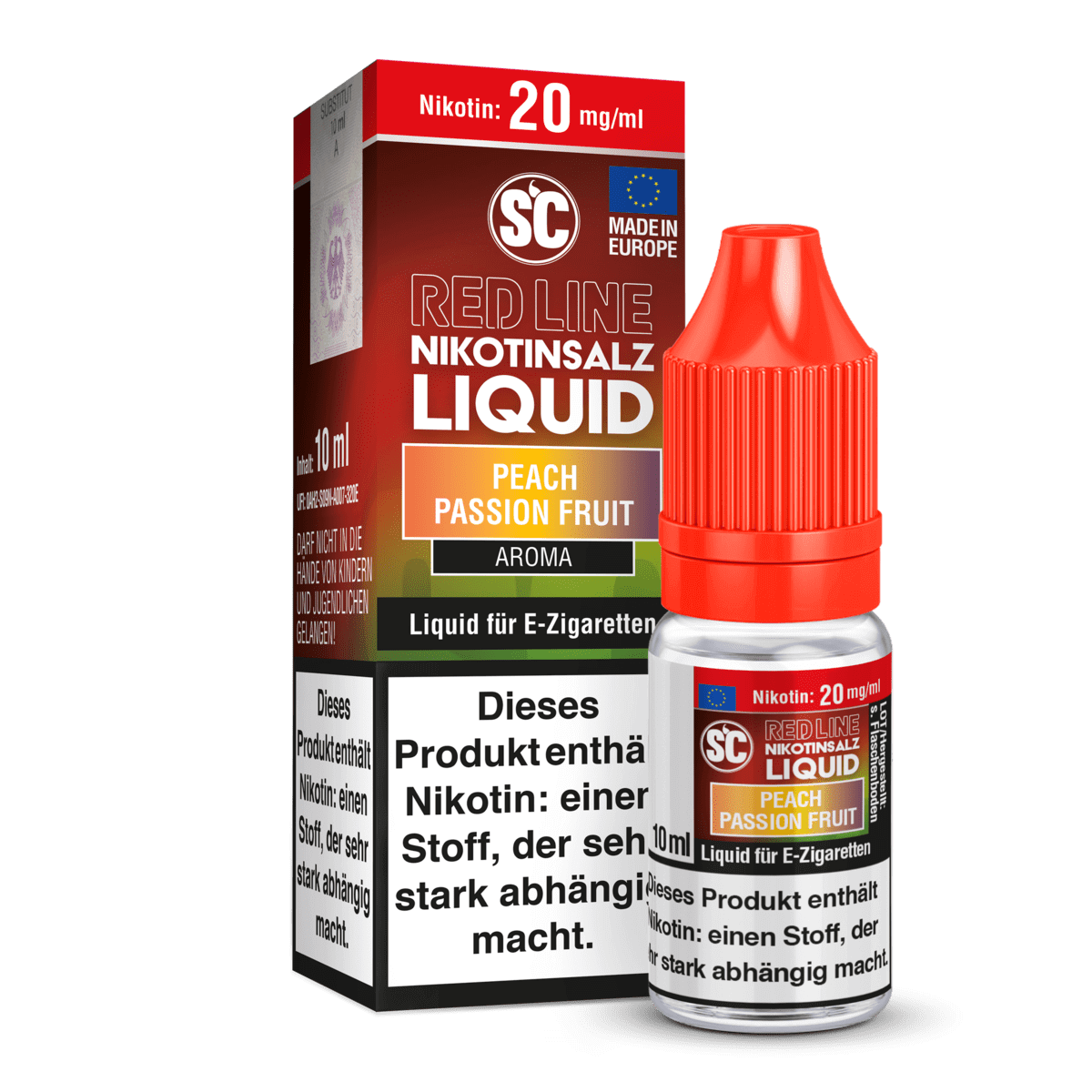 Erlebe den fruchtigen Flirt mit SC Liquids Red Line - Peach Passionfruit Liquid für E-Zigaretten, intensiv und unvergesslich.