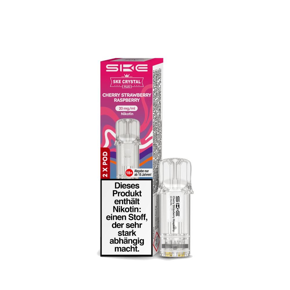 Alt Tag: Crystal Plus Pod 2er Set - Geschmack Kirsche Erdbeere Himbeere, Nikotininhalt, aromatische Fruchtvielfalt erleben.