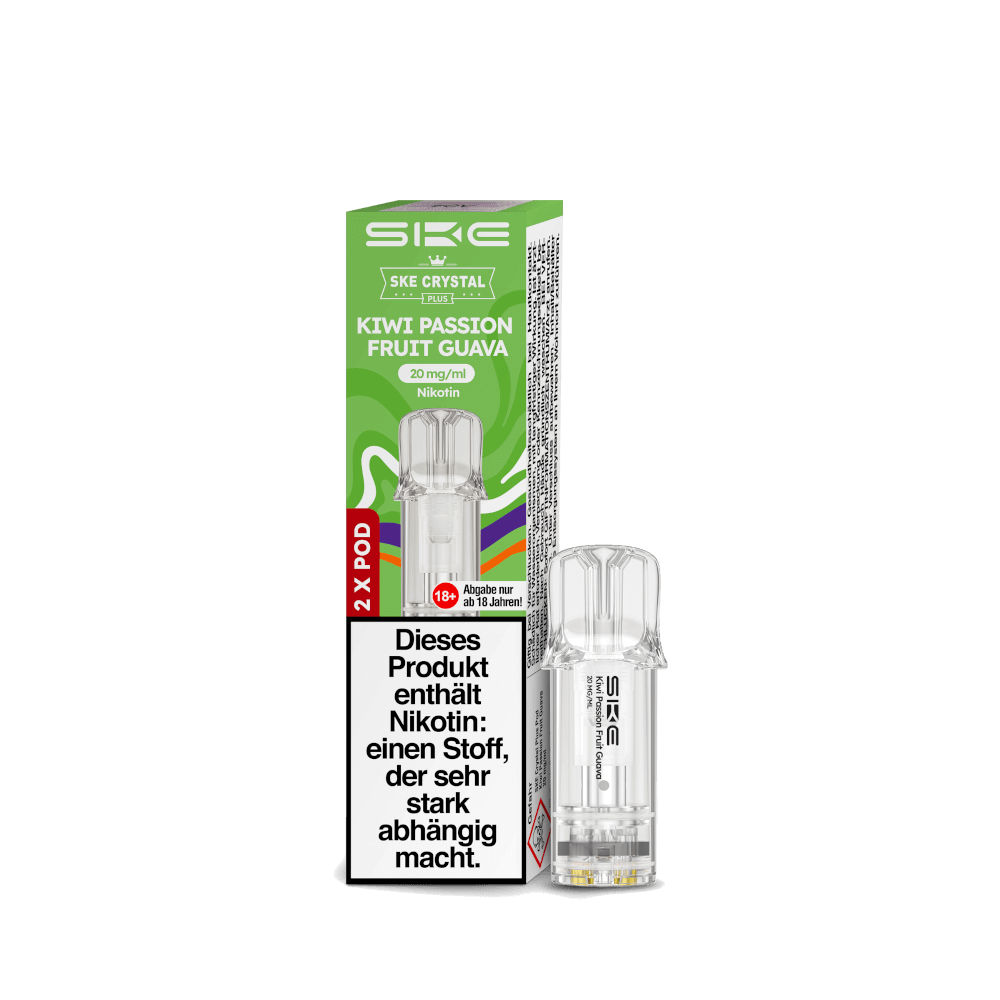 Crystal Plus Pod 2er Set mit Kiwi Passionsfrucht Guave Aroma, ideal für tropisches Dampferlebnis. Enthält Nikotin. Exotische Aromen genießen.
