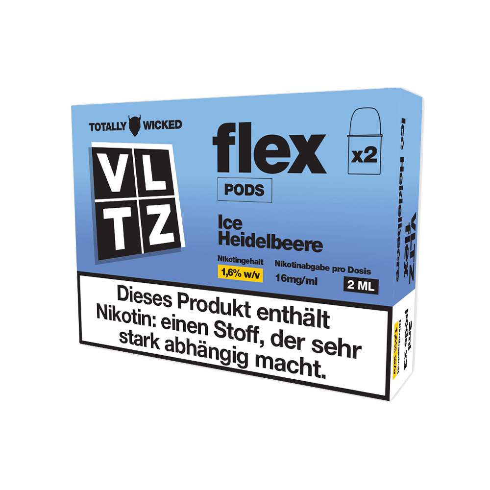 VLTZ Flex Pod (2er Set) in Ice Heidelbeere Geschmacksrichtung mit 1,6% Nikotingehalt. Für frischen Heidelbeer-Menthol-Genuss.
