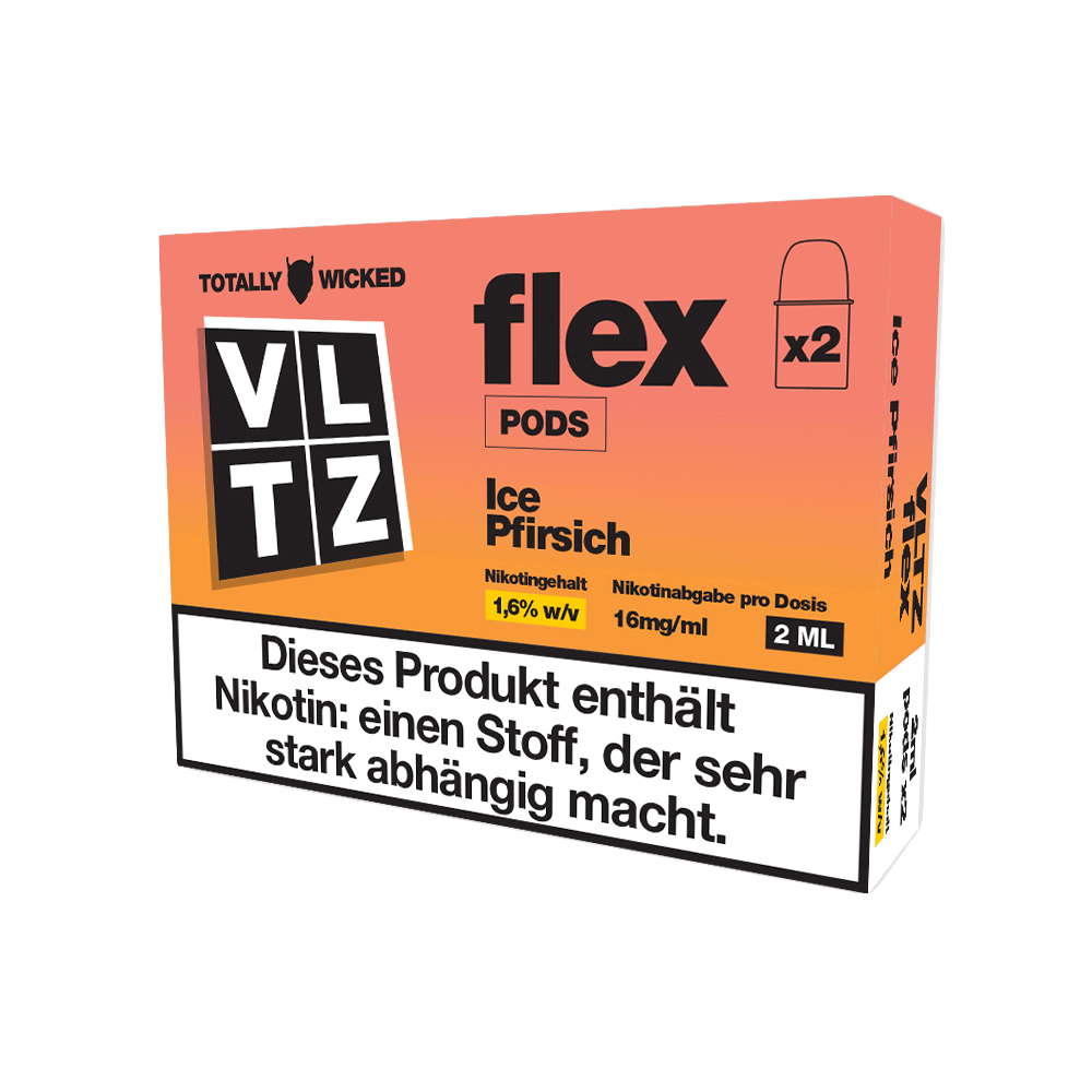 VLTZ Flex Pods - Ice Pfirsich, 2er Set mit fruchtigem Pfirsich-Menthol Geschmack, perfekt für deinen erfrischenden Dampfmoment.