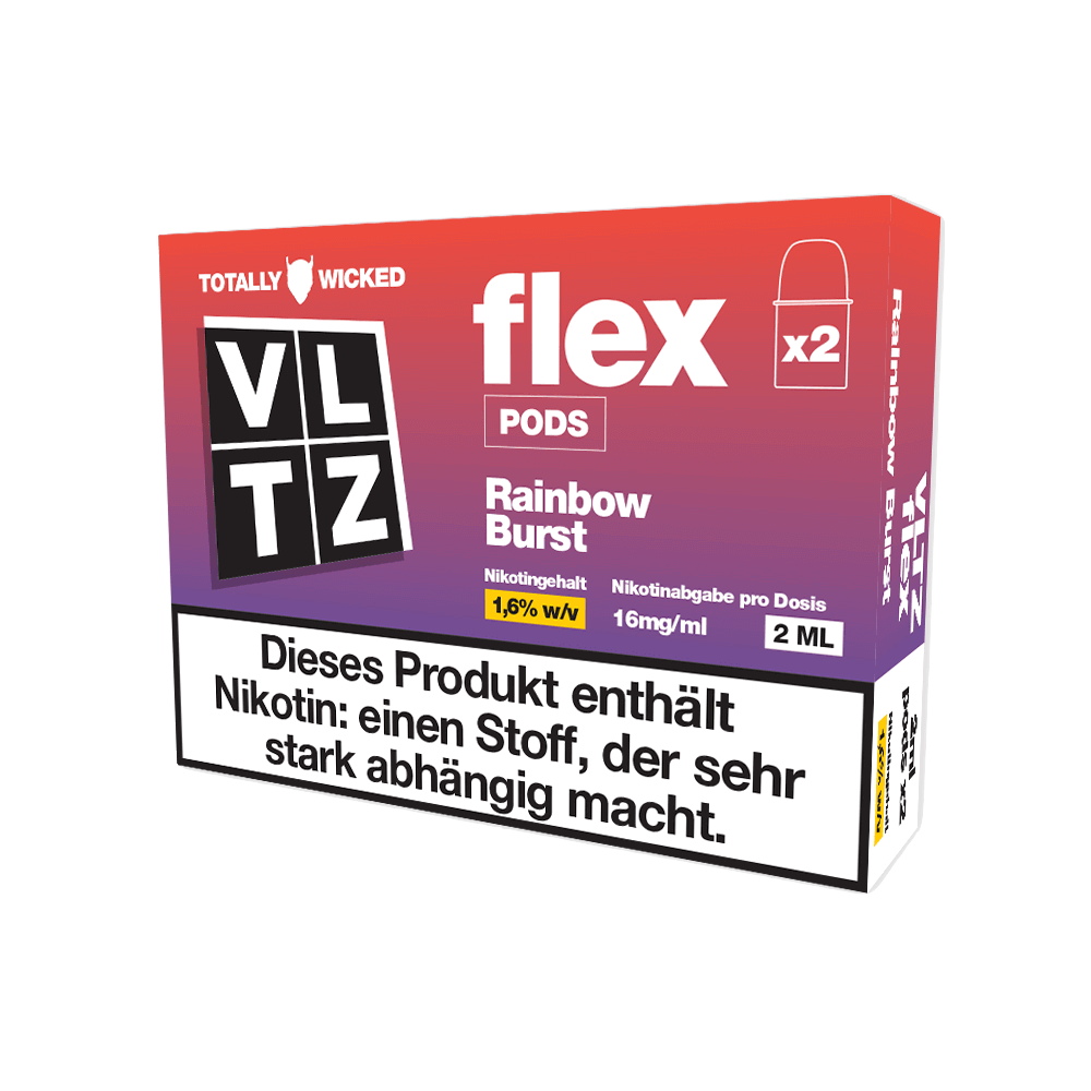 Zwei VLTZ Flex Pods Rainbow Burst Box mit fruchtigem Erdbeer-Pampelmuse-Johannisbeer-Menthol-Geschmack, ideal zum Dampfen.