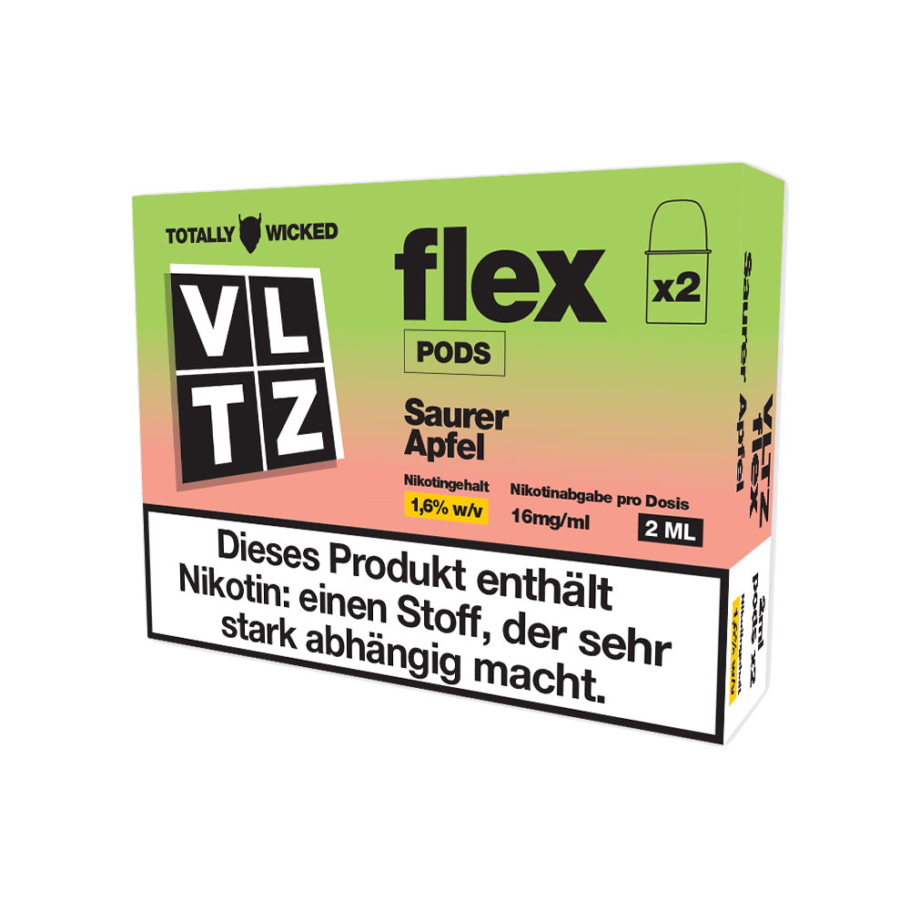 VLTZ Flex Pod 2er Set in Saurer Apfel Geschmacksrichtung mit 1,6% Nikotingehalt, perfekt für Fans von süß-sauren Aromen.