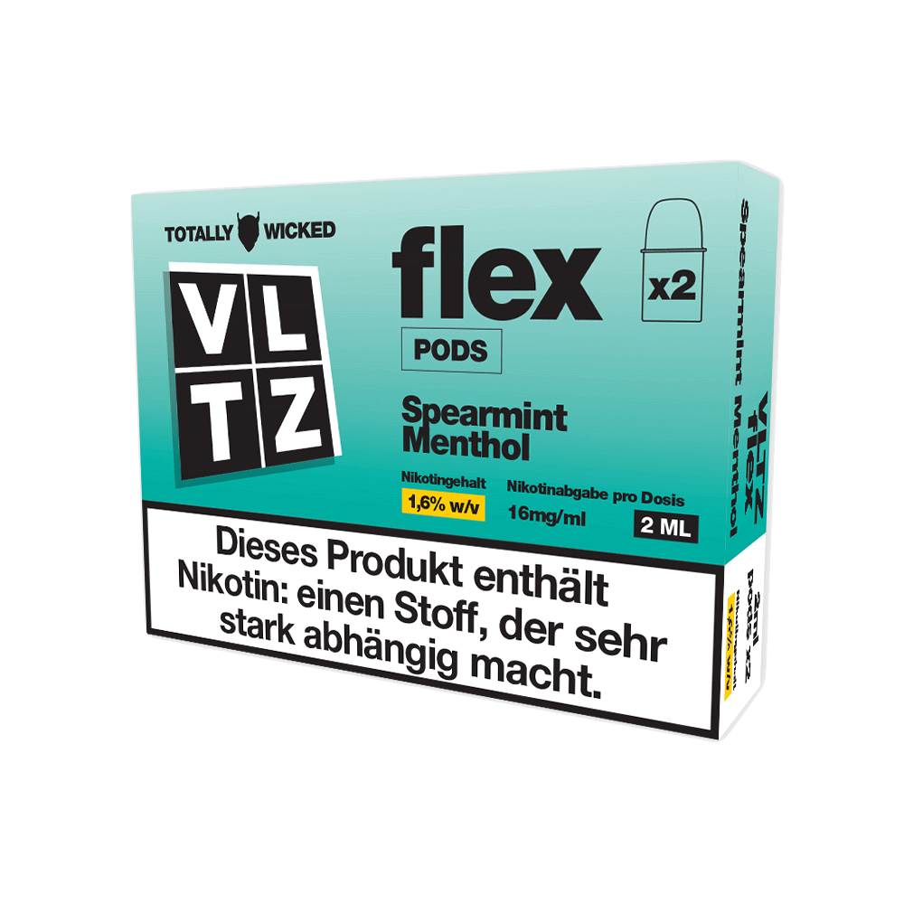 VLTZ Flex Pods 2er Set Spearmint Menthol mit Nikotinhinweis auf der Verpackung