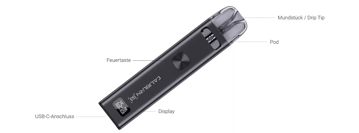 Detailansicht des Caliburn G3 Kits in Lila Farbverlauf mit USB-C-Anschluss, Feuerknopf und Pod-Sektion.