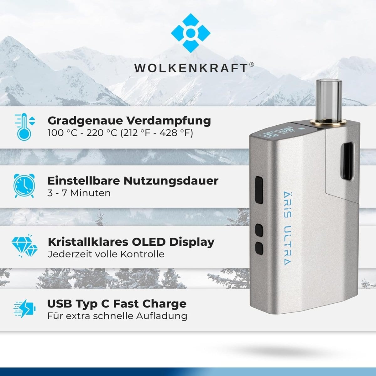 Erlebe den Wolkenkraft Äris Ultra Vaporizer in Gun Metal, stilvoll und robust für deine perfekte Verdampfungserfahrung.