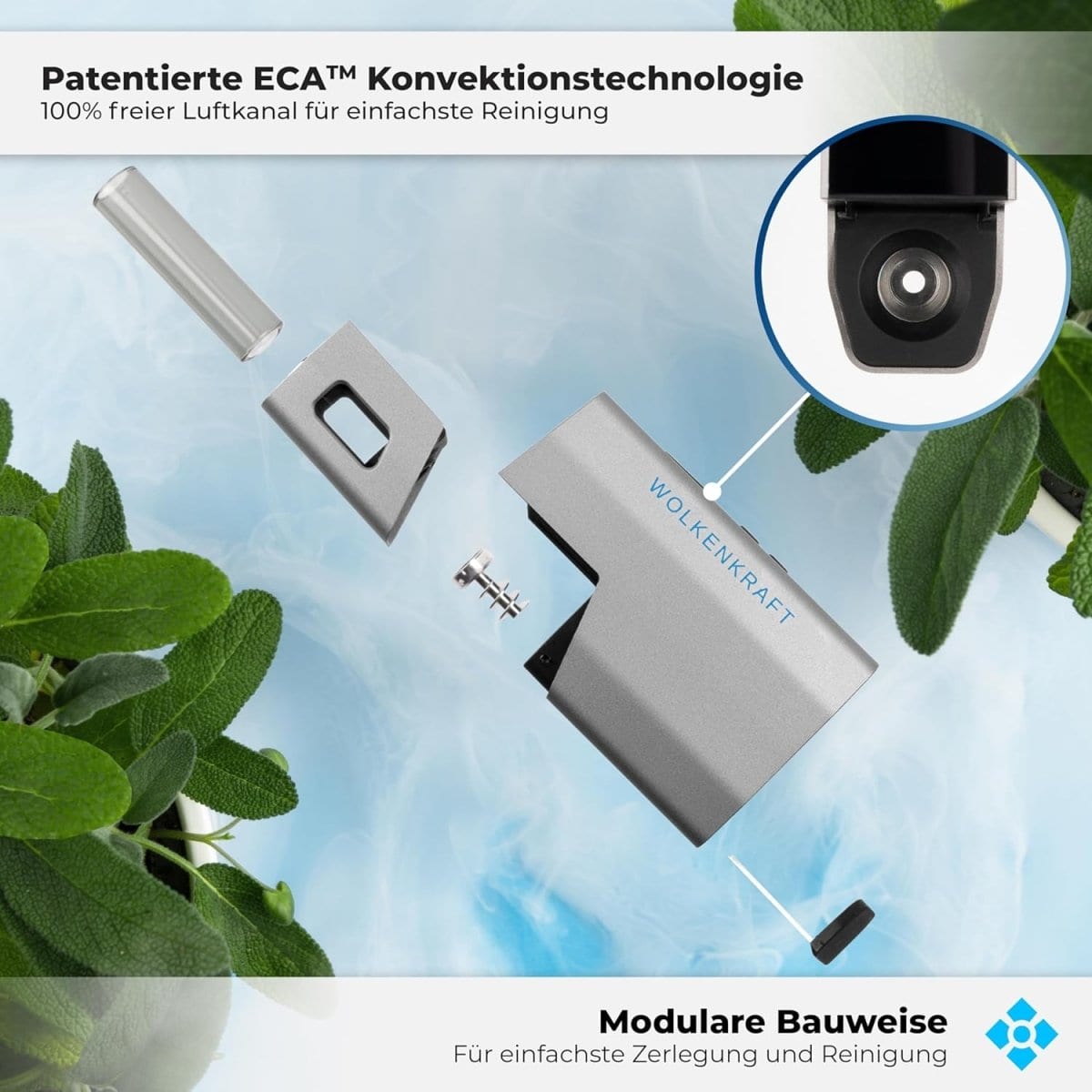 Wolkenkraft Äris Ultra Vaporizer in Metall-Optik mit patentierter ECA-Technologie, perfekte Reinigung und einfache Zerlegung.