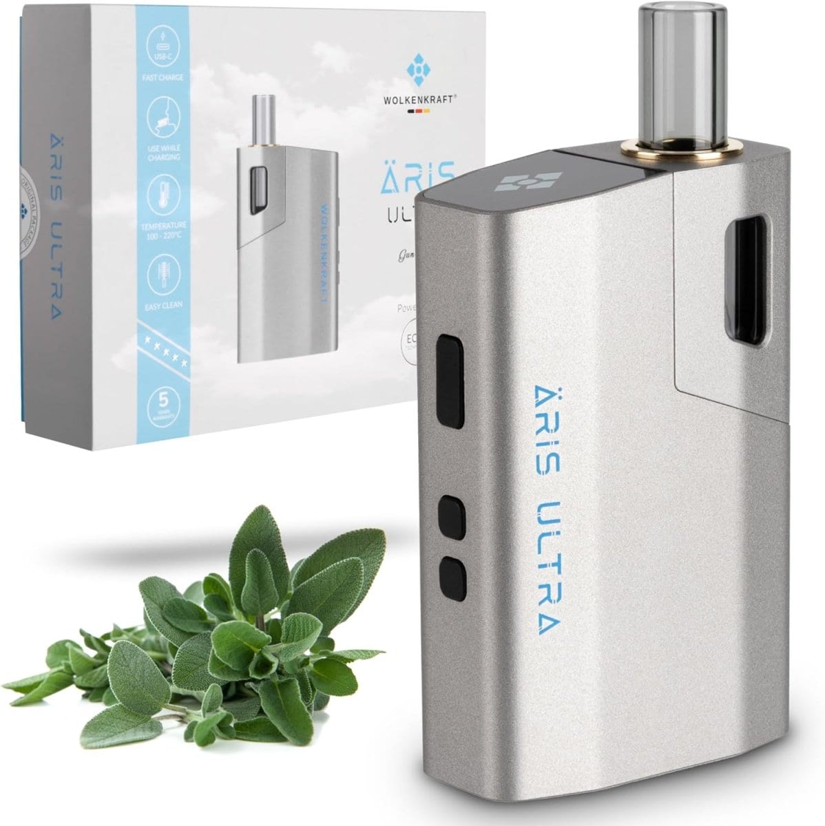 Wolkenkraft Äris Ultra Vaporizer in Gun Metal Grau Metallic, moderne Optik mit Kräutern im Vordergrund, Eleganz und Robustheit.