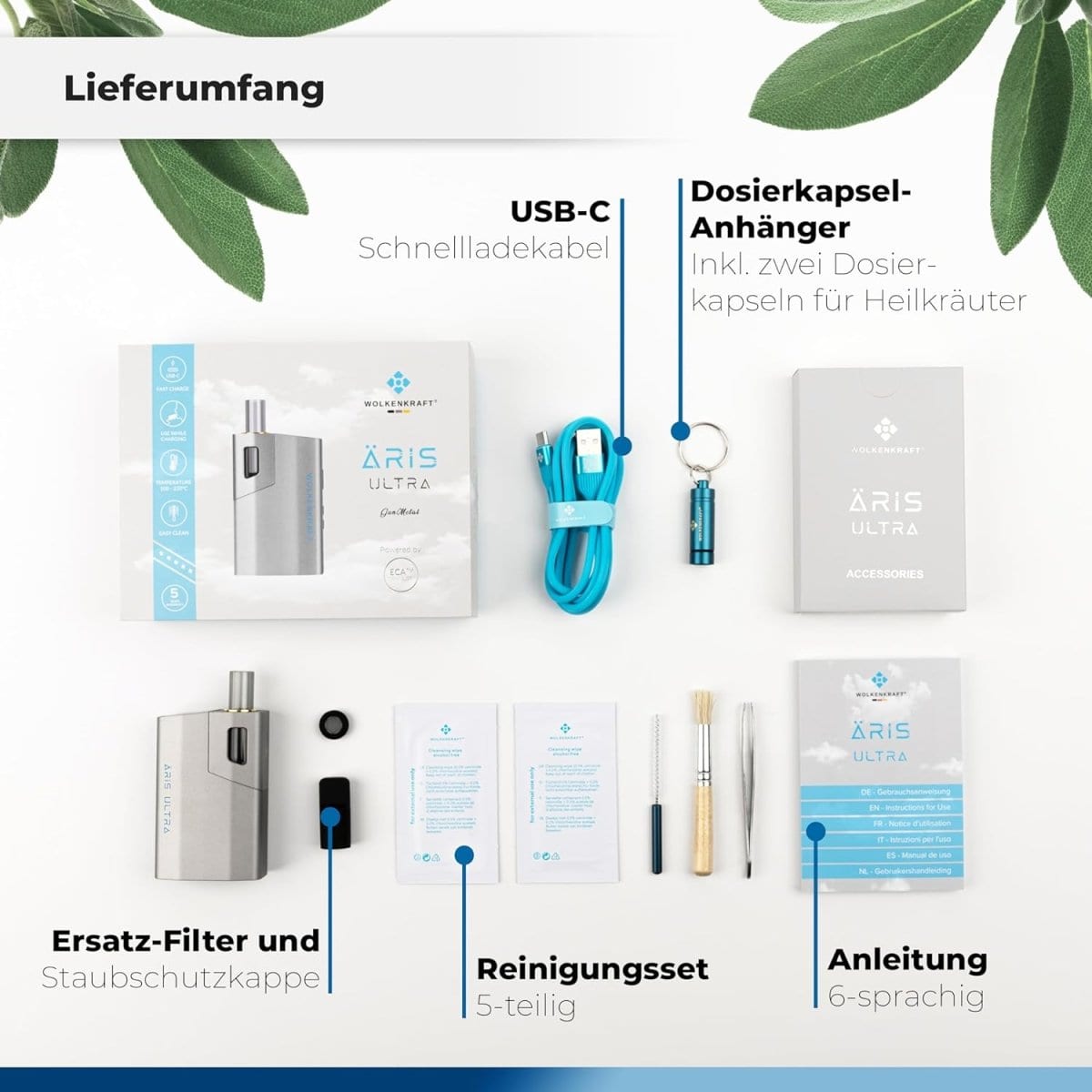 Lieferumfang des Wolkenkraft Äris Ultra Vaporizers in Grau Metallic mit Zubehör wie Ladekabel, Dosierkapsel, Filter, Reinigungsset und Anleitung.