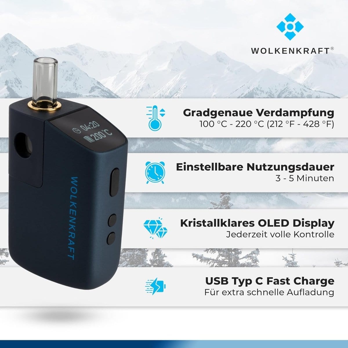 Alt Tag: Entdecke den Wolkenkraft FX Mini Ultra Vaporizer in Nachtblau mit präziser Temperatursteuerung und schnellem USB-C-Laden.