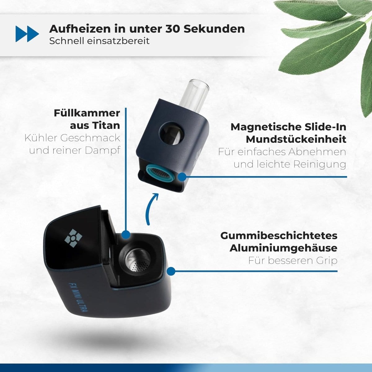 Wolkenkraft FX Mini Ultra Vaporizer in Nachtblau mit Titan-Füllkammer, magnetischem Mundstück und rutschfestem Gehäuse.