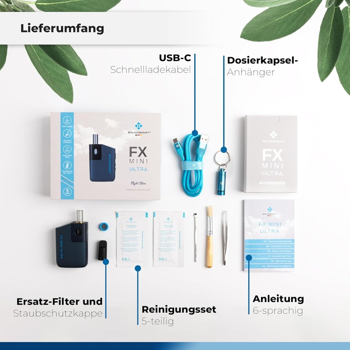 Lieferumfang des FX Mini Ultra Vaporizers in Nachtblau, inklusive USB-C-Kabel, Dosierkapsel-Anhänger, Filter, Reinigungsset und Anleitung.
